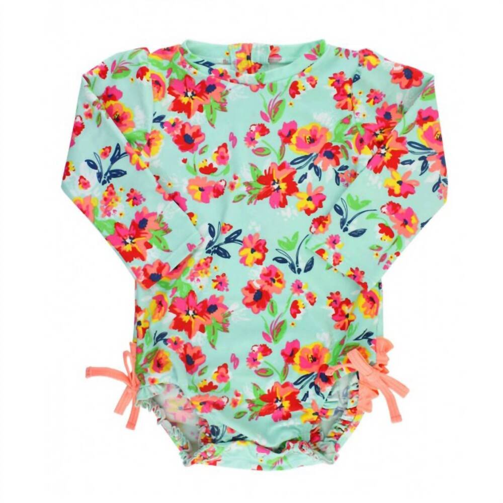 NEW RUFFLEBUTTS girls' painted flowers ruffled rash guard swim suit in aqua/cora